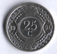 Монета 25 центов. 1991 год, Нидерландские Антильские острова.