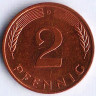 Монета 2 пфеннига. 1994(D) год, ФРГ.