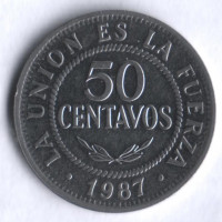 Монета 50 сентаво. 1987 год, Боливия.