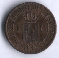 Монета 1 сентимо. 1912 год, Испания.