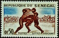 Марка почтовая. "Африканская борьба". 1961 год, Сенегал.