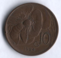 Монета 10 чентезимо. 1924 год, Италия.