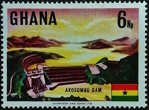 Марка почтовая (6 np.). "Плотина Акосомбо". 1967 год, Гана.