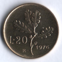 Монета 20 лир. 1976 год, Италия.