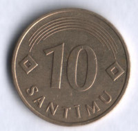 Монета 10 сантимов. 1992 год, Латвия.