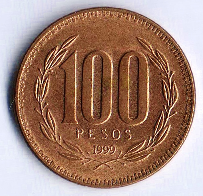 Монета 100 песо. 1999 год, Чили.