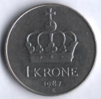 Монета 1 крона. 1987 год, Норвегия.