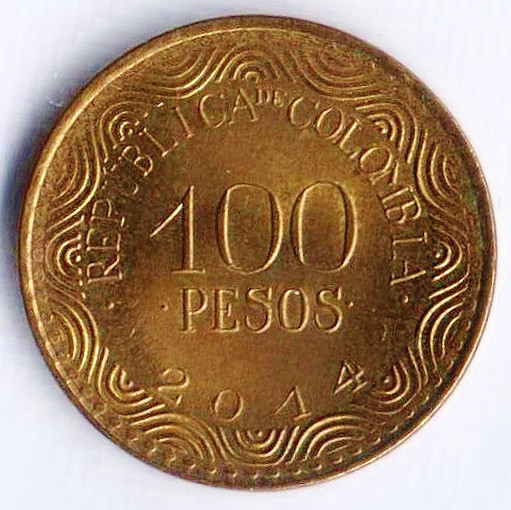 Монета 100 песо. 2014 год, Колумбия.