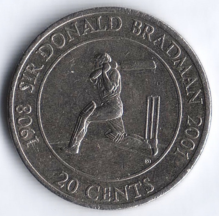 Монета 20 центов. 2001 год, Австралия. Сэр Дональд Брэдмен.