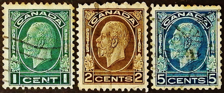 Набор почтовых марок (3 шт.). "Король Георг V". 1932 год, Канада.