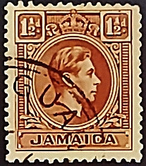 Почтовая марка (1⅟₂ p.). "Король Георг VI". 1938 год, Ямайка.