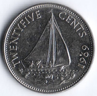 Монета 25 центов. 1969 год, Багамские острова.