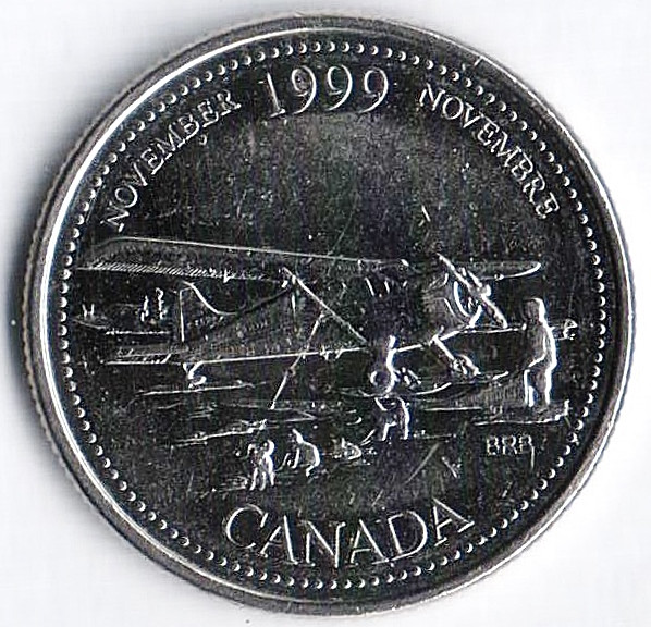 Монета 25 центов. 1999 год, Канада. Миллениум. Ноябрь - Авиасообщение с севером.