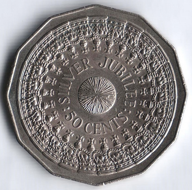 Монета 50 центов. 1977 год, Австралия. Серебряный юбилей правления королевы Елизаветы II.