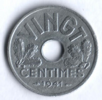 Монета 20 сантимов. 1941 год, Франция. "VINGT", мелкое рифление гурта.