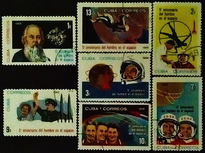 Набор почтовых марок (7 шт.). "Первый человек в космосе, 5-я годовщина". 1966 год, Куба.