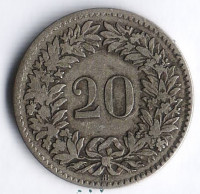 Монета 20 раппенов. 1850(BB) год, Швейцария.
