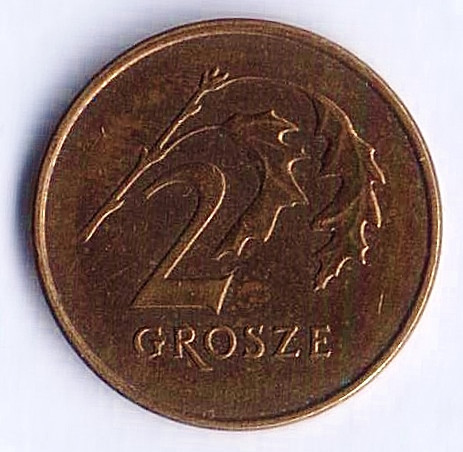 Монета 2 гроша. 2008 год, Польша.