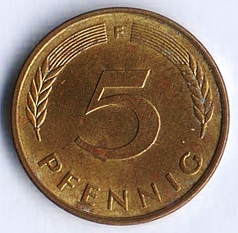 Монета 5 пфеннигов. 1979(F) год, ФРГ.