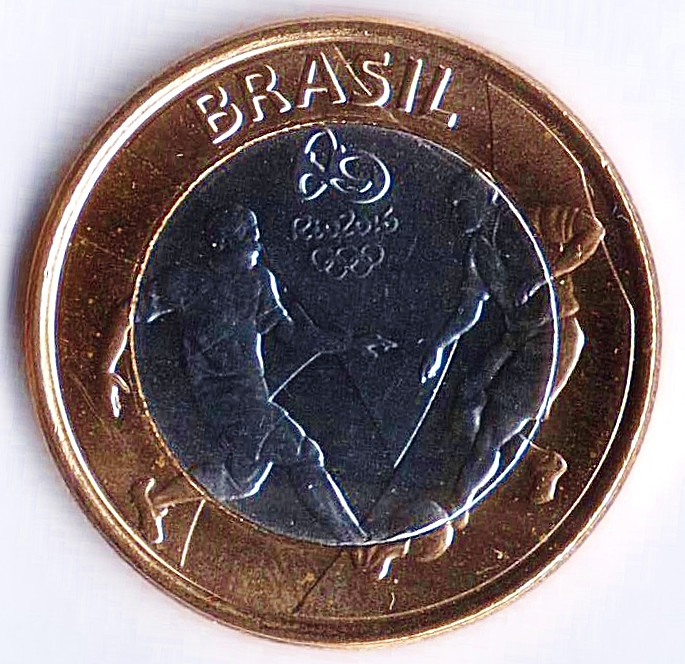 Монета 1 реал. 2015 год, Бразилия. Олимпийские Игры "Рио-2016", футбол.