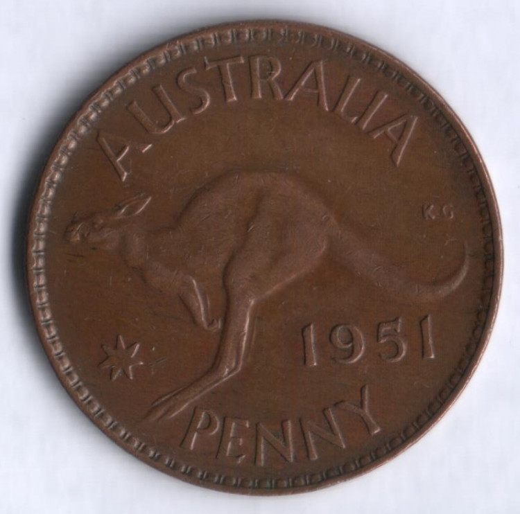 Монета 1 пенни. 1951(m) год, Австралия.