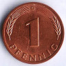 Монета 1 пфенниг. 1977(G) год, ФРГ.