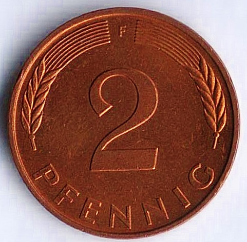 Монета 2 пфеннига. 1994(F) год, ФРГ.