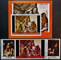 Набор-сцепка марок (3 шт.) с блоком. "Рождество 1972: картины(II)". 1972 год, Аджман.