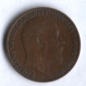 Монета 1 фартинг. 1909 год, Великобритания.