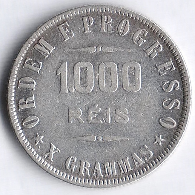 Монета 1000 рейсов. 1909 год, Бразилия.