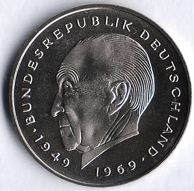 Монета 2 марки. 1980 год (G), ФРГ. Конрад Аденауэр.