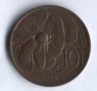Монета 10 чентезимо. 1925 год, Италия.