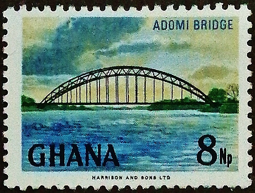 Марка почтовая (8 np.). "Мост Адоми, река Вольта". 1967 год, Гана. Марка почтовая (8 np.). "Мост Адоми, река Вольта". 1967 год, Гана.