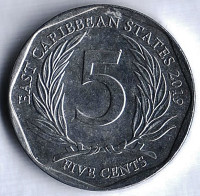 Монета 5 центов. 2019 год, Восточно-Карибские государства.