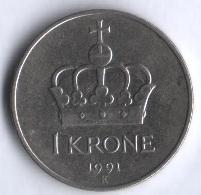 Монета 1 крона. 1991 год, Норвегия.
