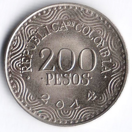 Монета 200 песо. 2014 год, Колумбия.