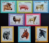 Набор почтовых марок (8 шт.). "Домашние животные". 1966 год, Албания.