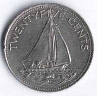 Монета 25 центов. 1997 год, Багамские острова.