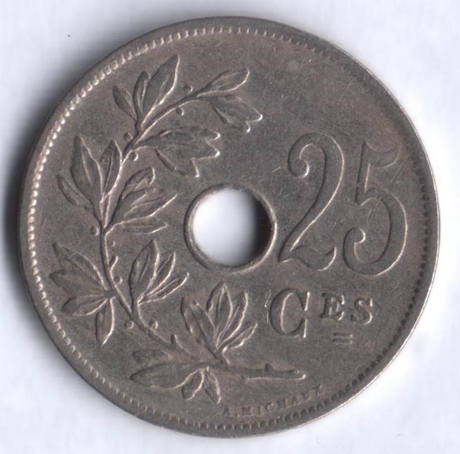 Монета 25 сантимов. 1926 год, Бельгия (Belgique).