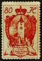 Марка почтовая (80 h.). "Церковный шпиль, г. Шаан". 1920 год, Лихтенштейн.