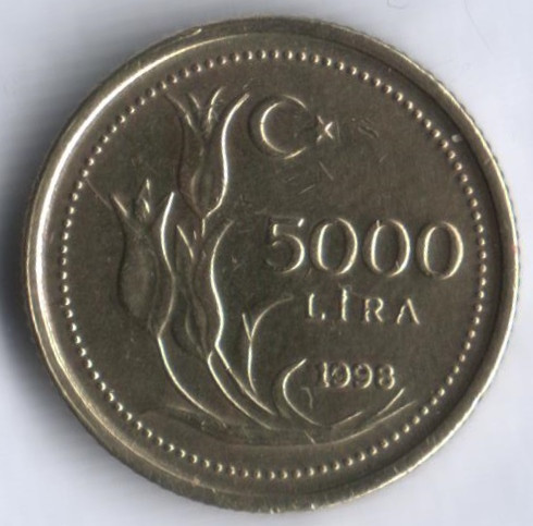 Монета 5000 лир. 1998 год, Турция.