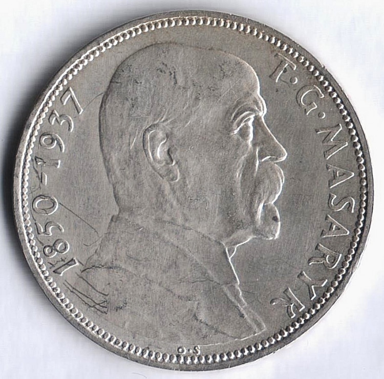 Монета 20 крон. 1937 год, Чехословакия. Смерть президента Т.Г. Масарика.