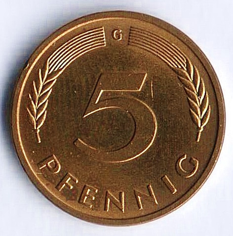 Монета 5 пфеннигов. 1979(G) год, ФРГ.