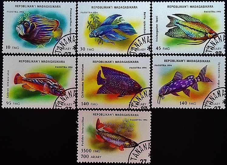 Набор почтовых марок (7 шт.). "Рыбы". 1994 год, Мадагаскар. Набор почтовых марок (7 шт.). "Рыбы". 1994 год, Мадагаскар.