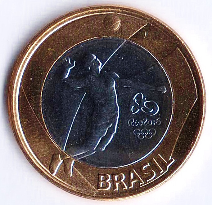 Монета 1 реал. 2015 год, Бразилия. Олимпийские Игры "Рио-2016", волейбол.