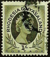 Почтовая марка (1 sh.). "Королева Елизавета II". 1954 год, Родезия и Ньясаленд.