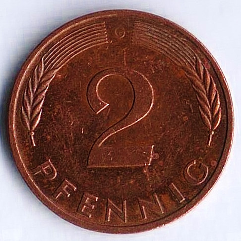 Монета 2 пфеннига. 1994(G) год, ФРГ.