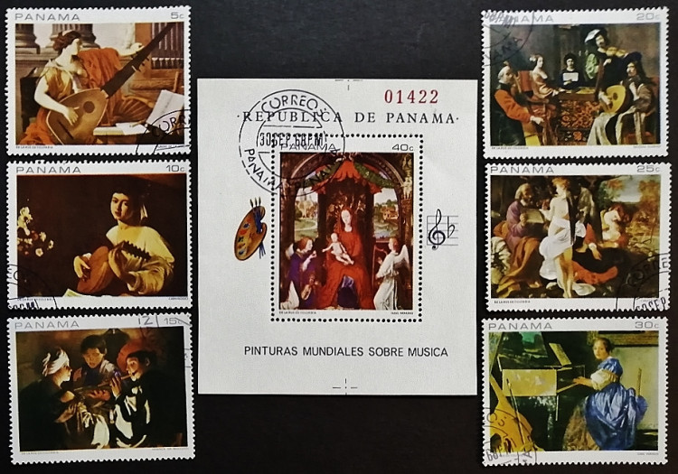 Набор почтовых марок (6 шт.) с блоком. "Музыкальные представления на картинах". 1968 год, Панама.