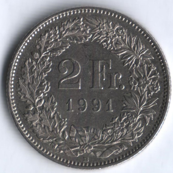 2 франка. 1991 год, Швейцария.