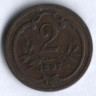 Монета 2 геллера. 1897 год, Австро-Венгрия.